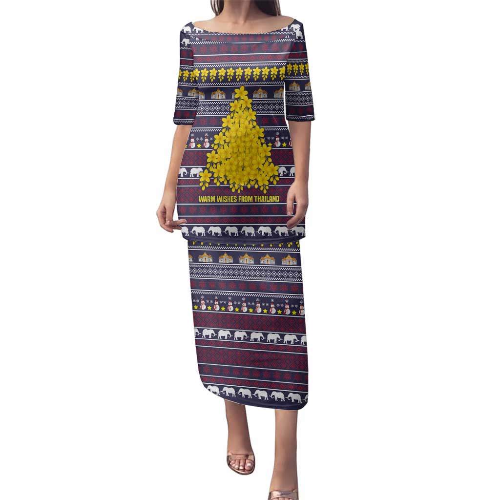 Thailand Christmas Family Matching Puletasi and Hawaiian Shirt with Yellow Flower Tree Garuda Emblem and Elephant Holiday - Wonder Print Shop