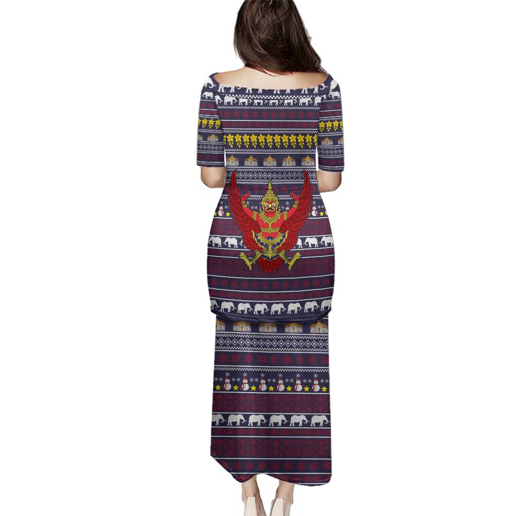 Thailand Christmas Family Matching Puletasi and Hawaiian Shirt with Yellow Flower Tree Garuda Emblem and Elephant Holiday - Wonder Print Shop