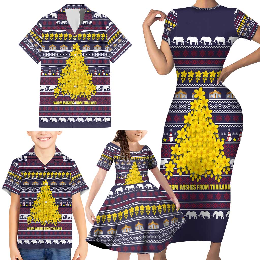 Thailand Christmas Family Matching Short Sleeve Bodycon Dress and Hawaiian Shirt with Yellow Flower Tree Garuda Emblem and Elephant Holiday - Wonder Print Shop