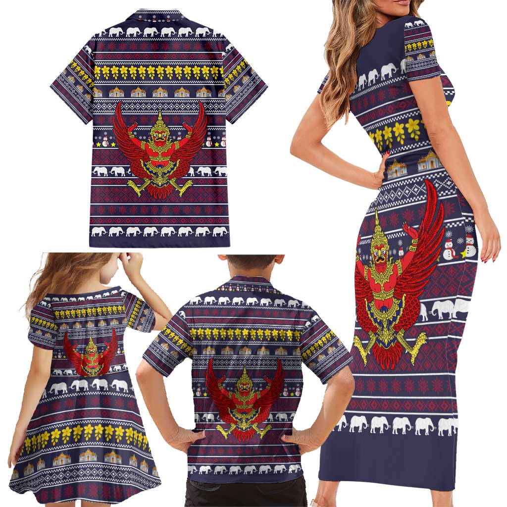 Thailand Christmas Family Matching Short Sleeve Bodycon Dress and Hawaiian Shirt with Yellow Flower Tree Garuda Emblem and Elephant Holiday - Wonder Print Shop