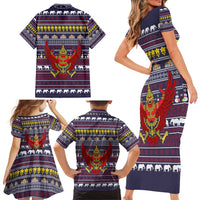 Thailand Christmas Family Matching Short Sleeve Bodycon Dress and Hawaiian Shirt with Yellow Flower Tree Garuda Emblem and Elephant Holiday - Wonder Print Shop