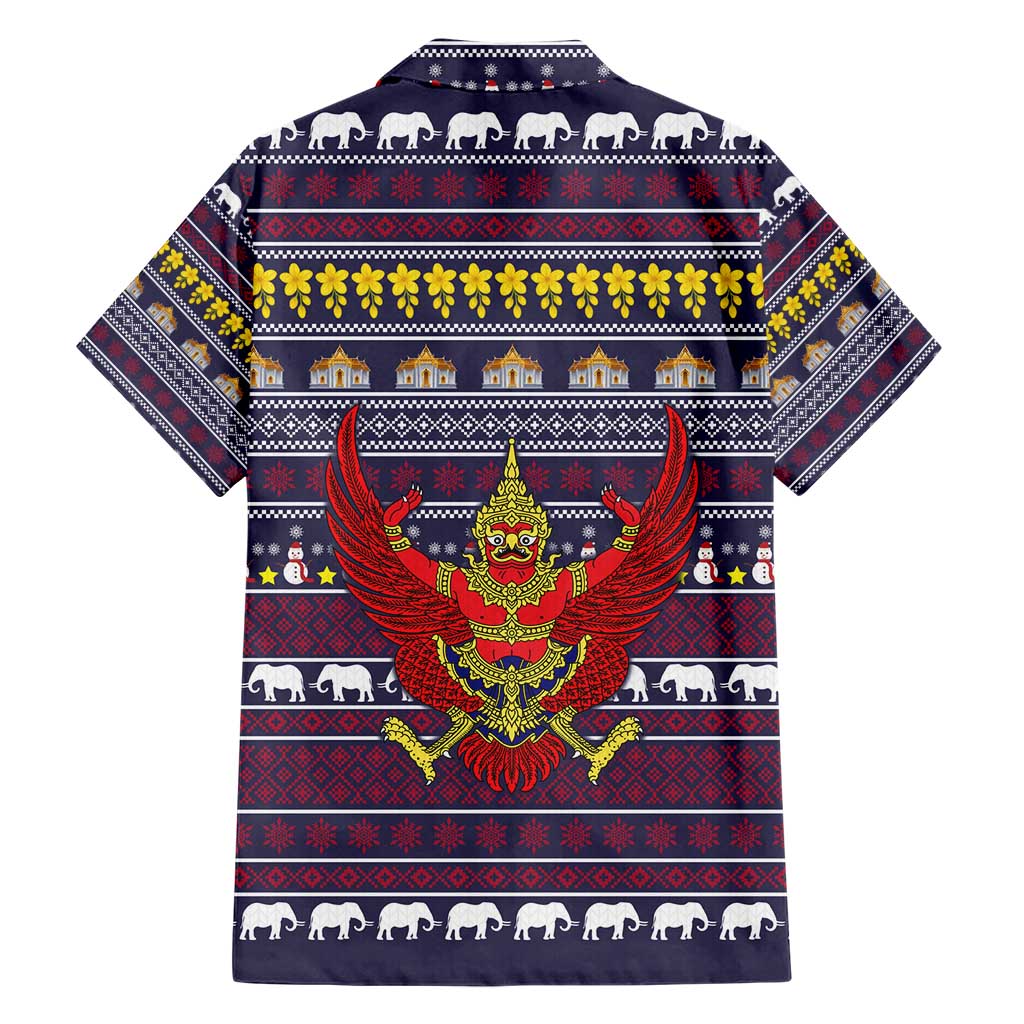 Thailand Christmas Family Matching Short Sleeve Bodycon Dress and Hawaiian Shirt with Yellow Flower Tree Garuda Emblem and Elephant Holiday - Wonder Print Shop