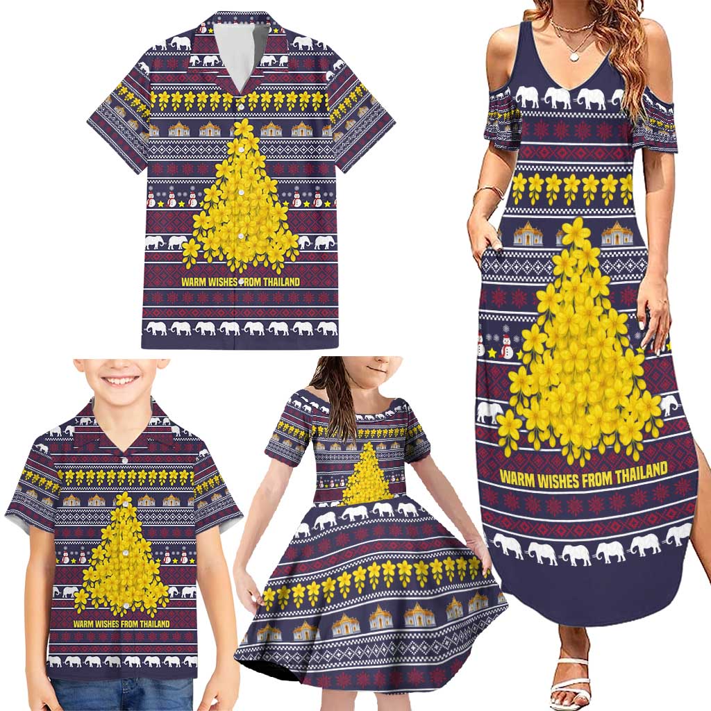 Thailand Christmas Family Matching Summer Maxi Dress and Hawaiian Shirt with Yellow Flower Tree Garuda Emblem and Elephant Holiday - Wonder Print Shop