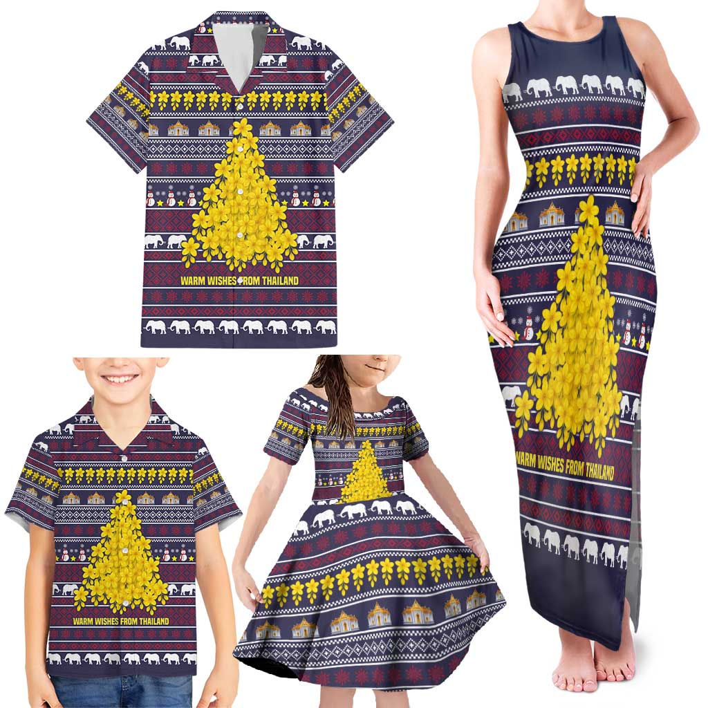 Thailand Christmas Family Matching Tank Maxi Dress and Hawaiian Shirt with Yellow Flower Tree Garuda Emblem and Elephant Holiday - Wonder Print Shop
