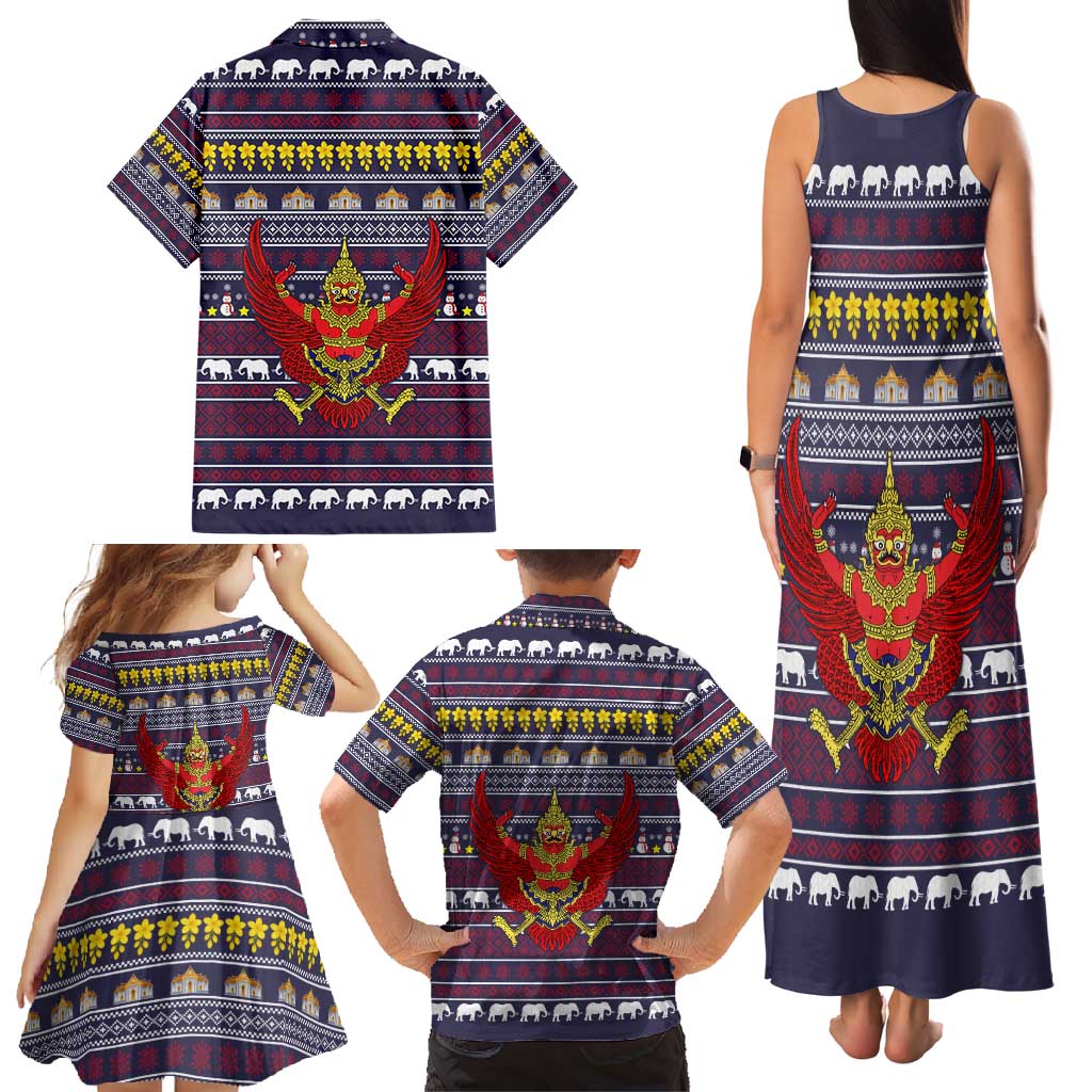 Thailand Christmas Family Matching Tank Maxi Dress and Hawaiian Shirt with Yellow Flower Tree Garuda Emblem and Elephant Holiday - Wonder Print Shop