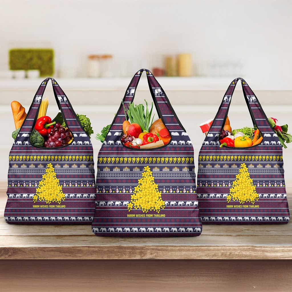 Thailand Christmas Grocery Bag with Yellow Flower Tree Garuda Emblem and Elephant Holiday - Wonder Print Shop