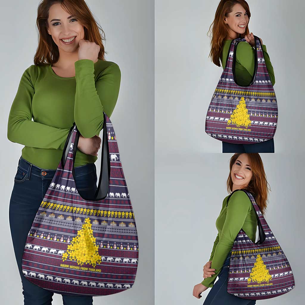 Thailand Christmas Grocery Bag with Yellow Flower Tree Garuda Emblem and Elephant Holiday - Wonder Print Shop