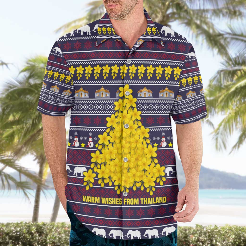 Thailand Christmas Hawaiian Shirt with Yellow Flower Tree Garuda Emblem and Elephant Holiday - Wonder Print Shop