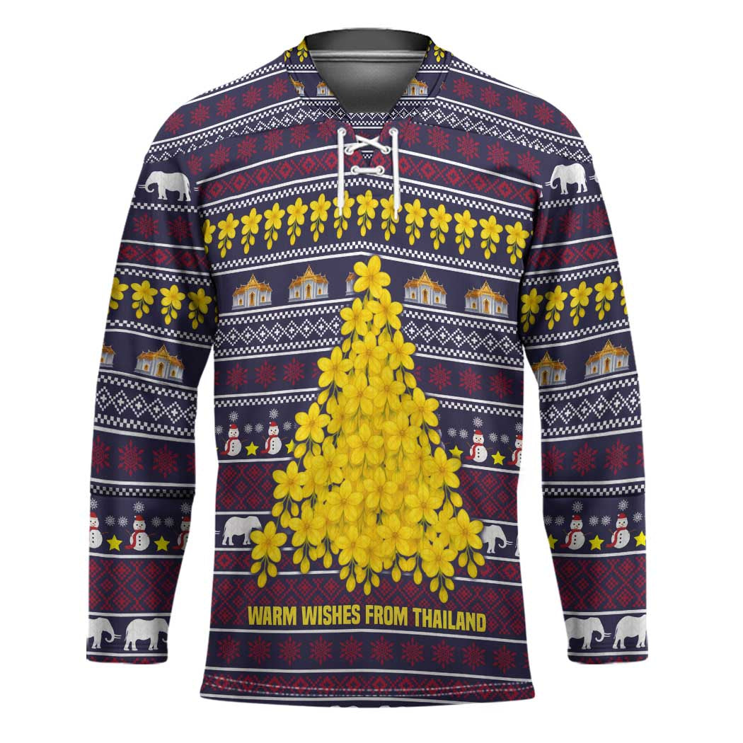 Thailand Christmas Hockey Jersey with Yellow Flower Tree Garuda Emblem and Elephant Holiday - Wonder Print Shop