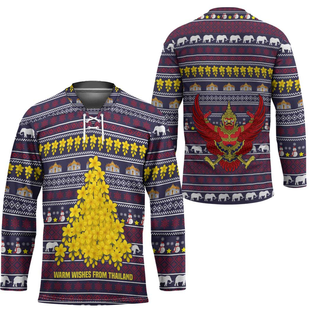 Thailand Christmas Hockey Jersey with Yellow Flower Tree Garuda Emblem and Elephant Holiday - Wonder Print Shop