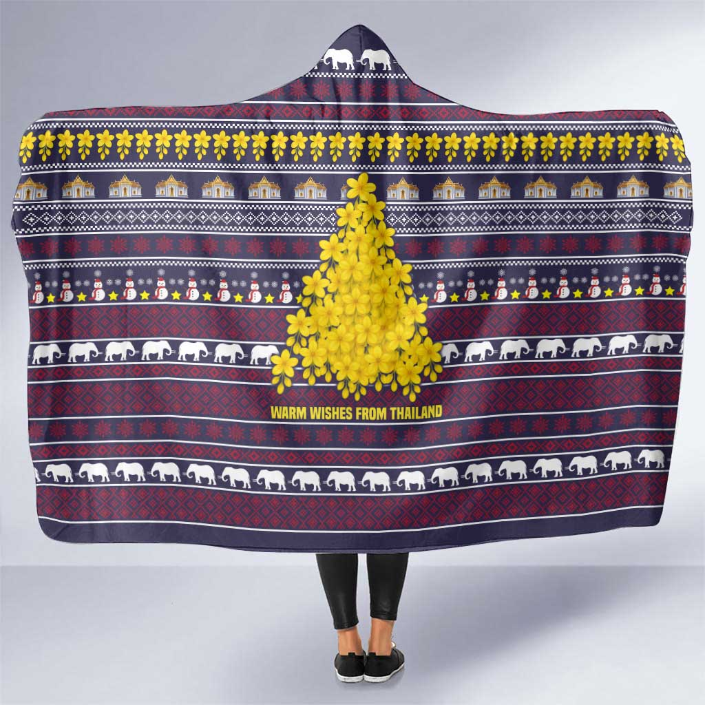 Thailand Christmas Hooded Blanket with Yellow Flower Tree Garuda Emblem and Elephant Holiday - Wonder Print Shop