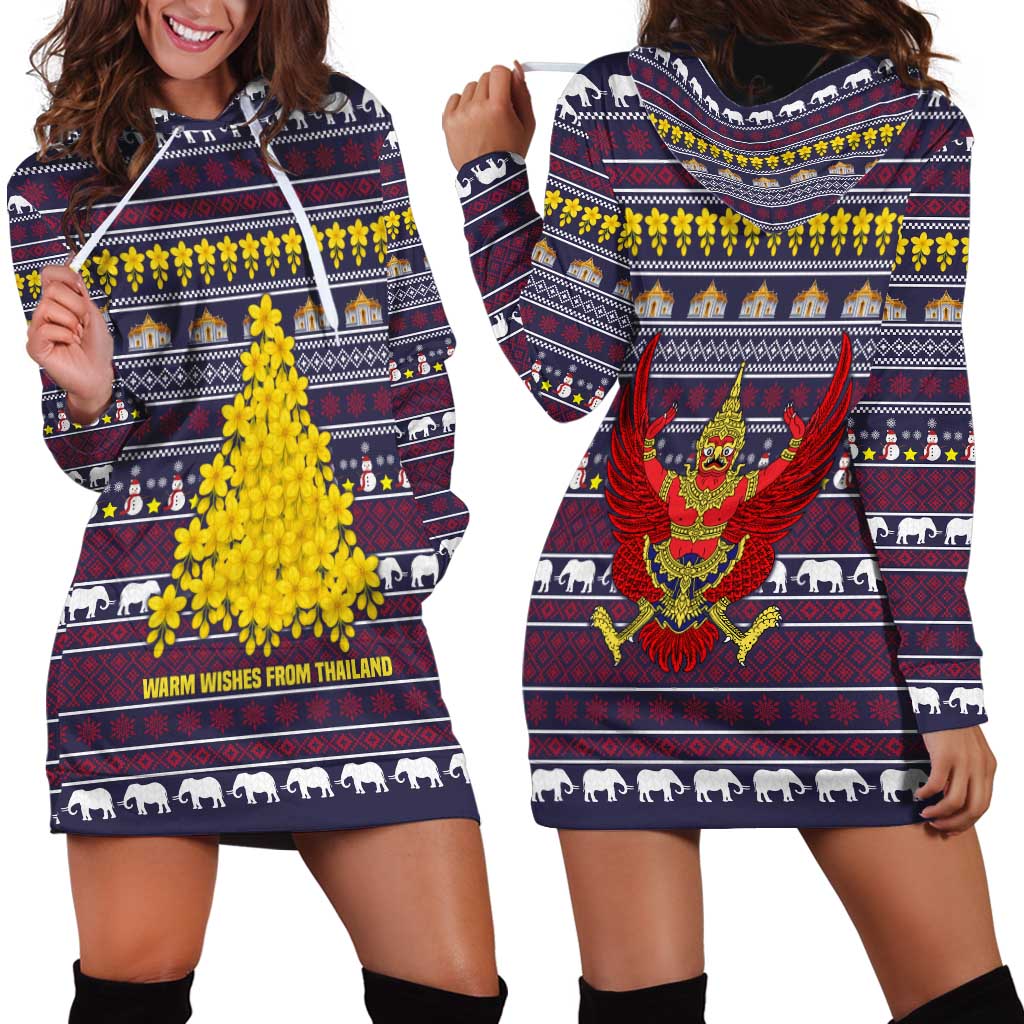 Thailand Christmas Hoodie Dress with Yellow Flower Tree Garuda Emblem and Elephant Holiday - Wonder Print Shop