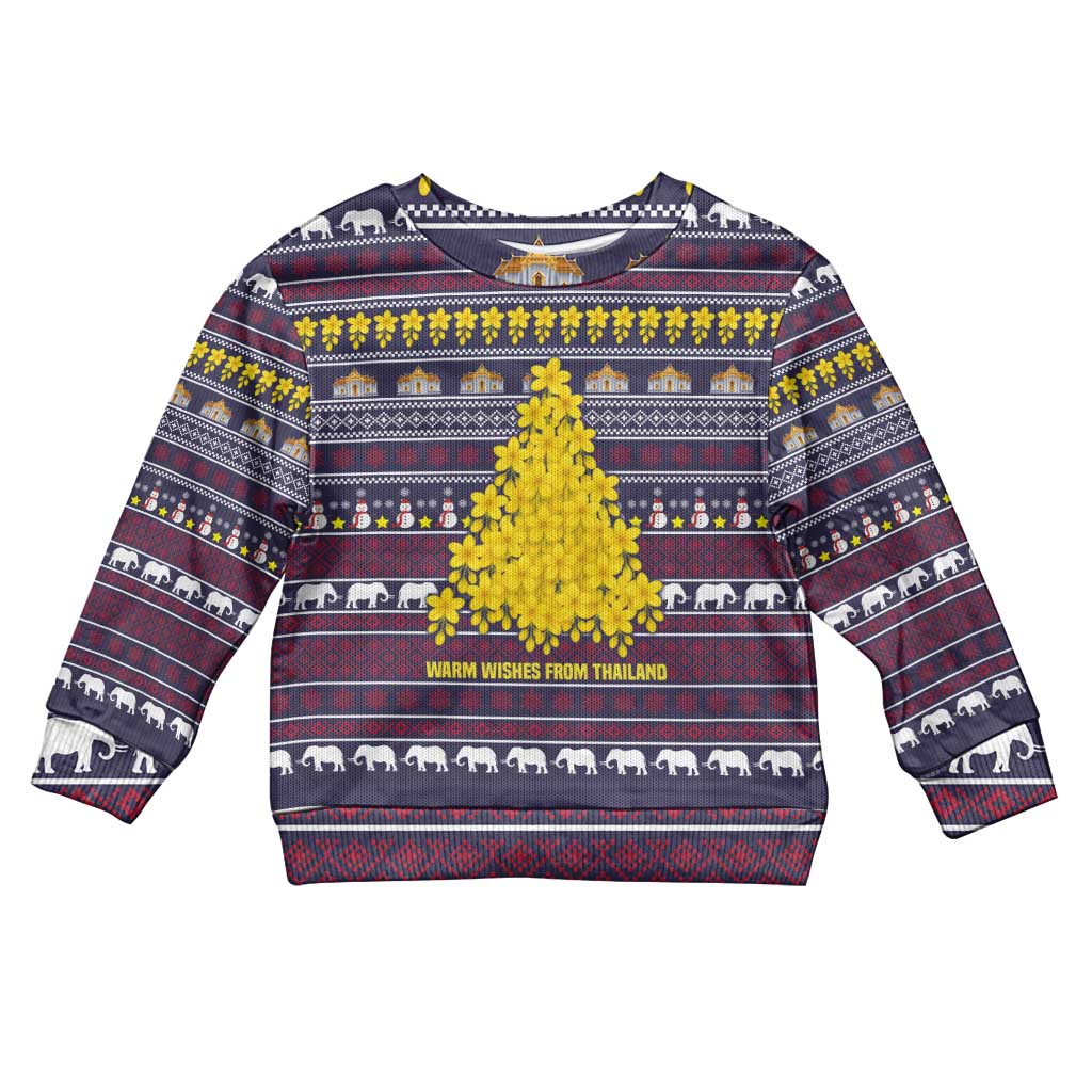 Thailand Christmas Kid Ugly Christmas Sweater with Yellow Flower Tree Garuda Emblem and Elephant Holiday - Wonder Print Shop