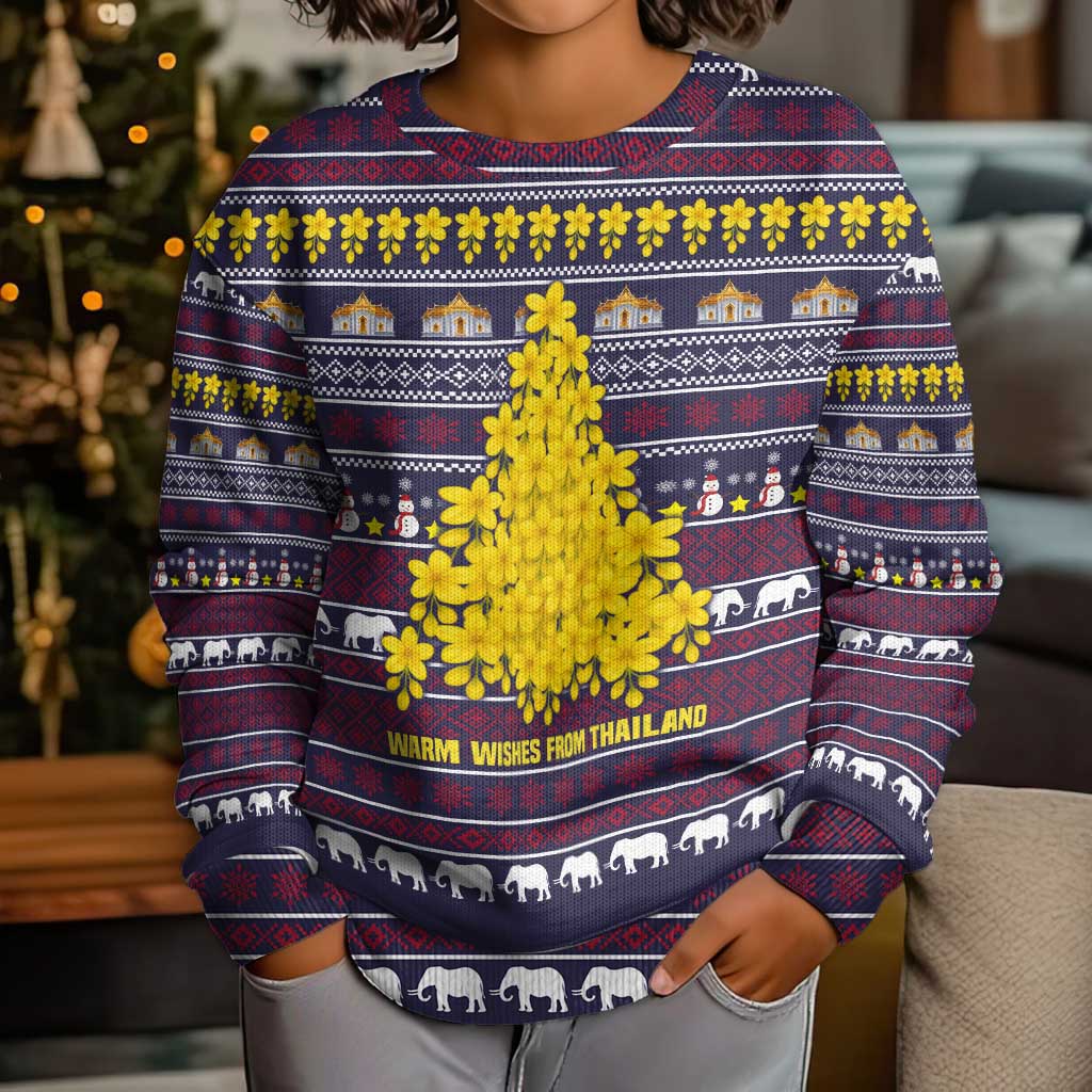 Thailand Christmas Kid Ugly Christmas Sweater with Yellow Flower Tree Garuda Emblem and Elephant Holiday - Wonder Print Shop