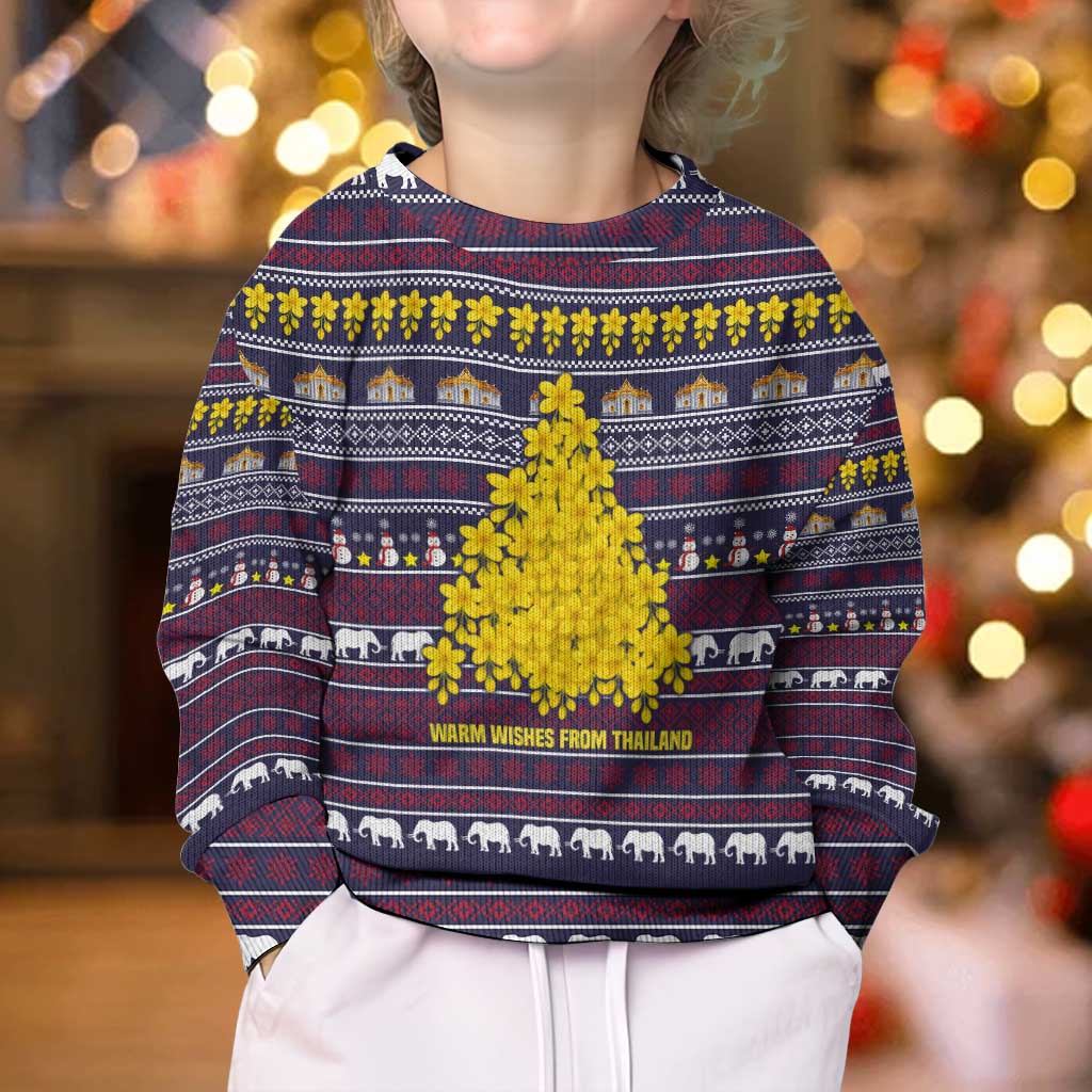 Thailand Christmas Kid Ugly Christmas Sweater with Yellow Flower Tree Garuda Emblem and Elephant Holiday - Wonder Print Shop
