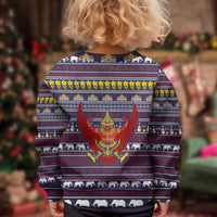 Thailand Christmas Kid Ugly Christmas Sweater with Yellow Flower Tree Garuda Emblem and Elephant Holiday - Wonder Print Shop