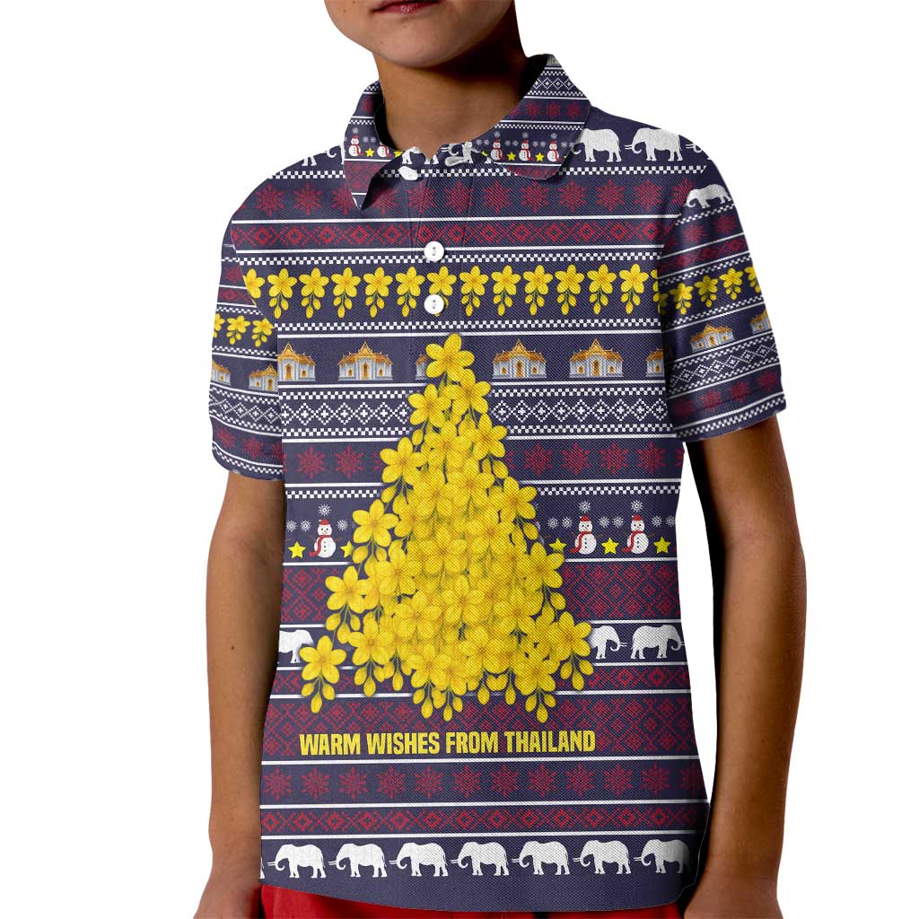 Thailand Christmas Kid Polo Shirt with Yellow Flower Tree Garuda Emblem and Elephant Holiday - Wonder Print Shop