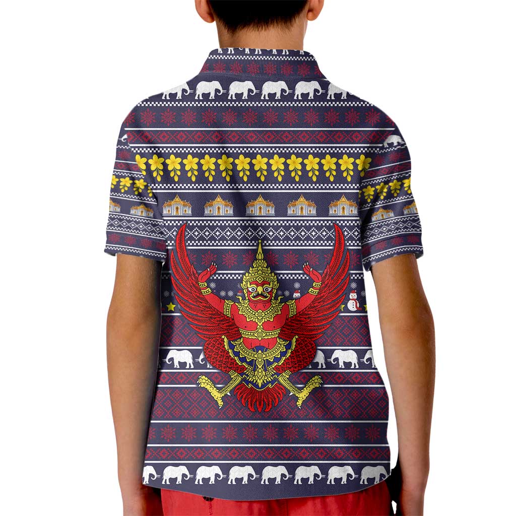 Thailand Christmas Kid Polo Shirt with Yellow Flower Tree Garuda Emblem and Elephant Holiday - Wonder Print Shop