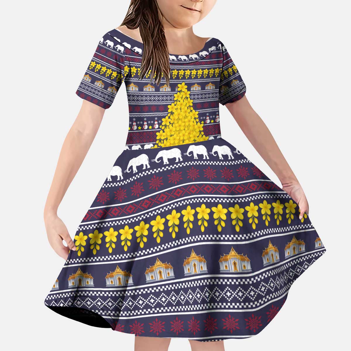 Thailand Christmas Kid Short Sleeve Dress with Yellow Flower Tree Garuda Emblem and Elephant Holiday - Wonder Print Shop