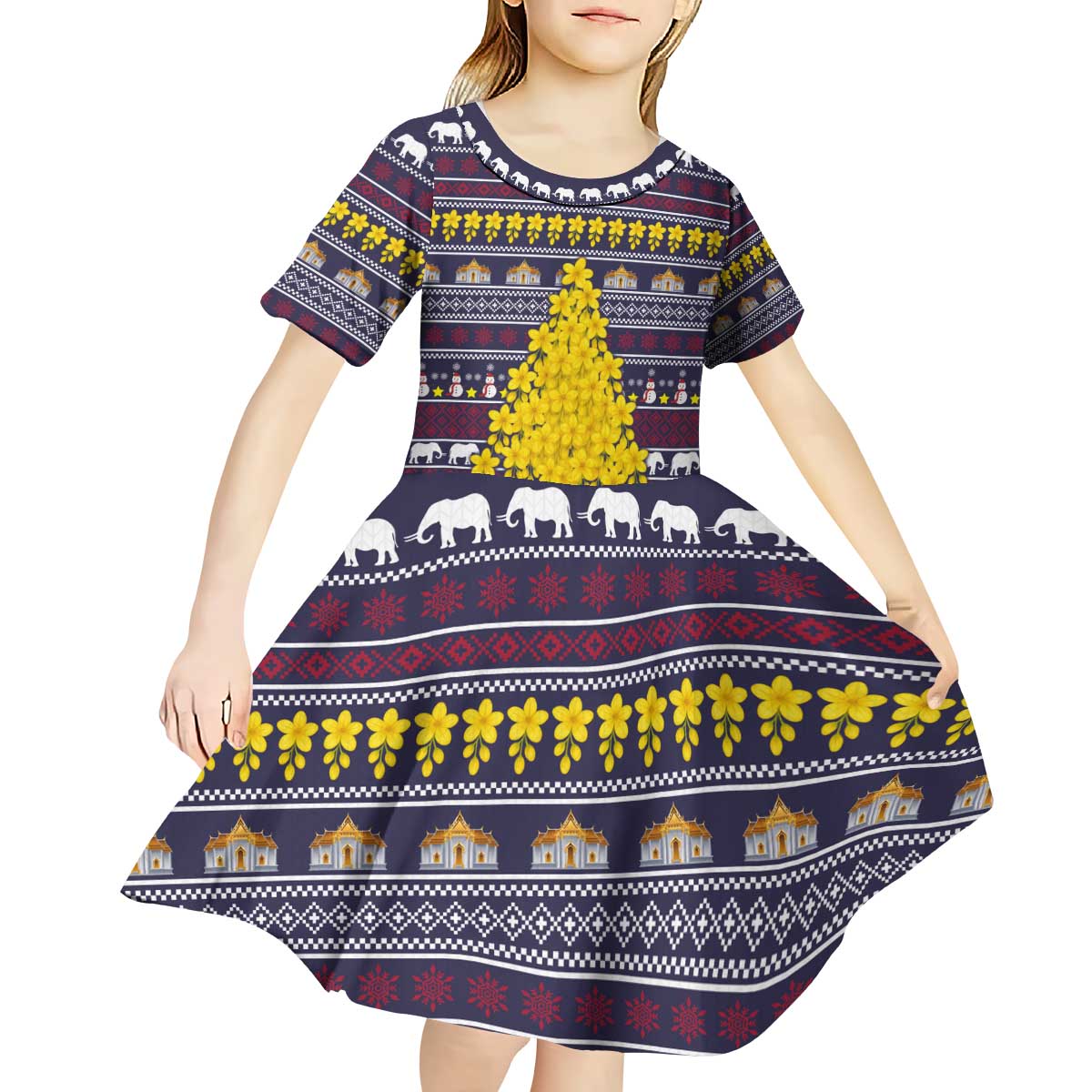 Thailand Christmas Kid Short Sleeve Dress with Yellow Flower Tree Garuda Emblem and Elephant Holiday - Wonder Print Shop
