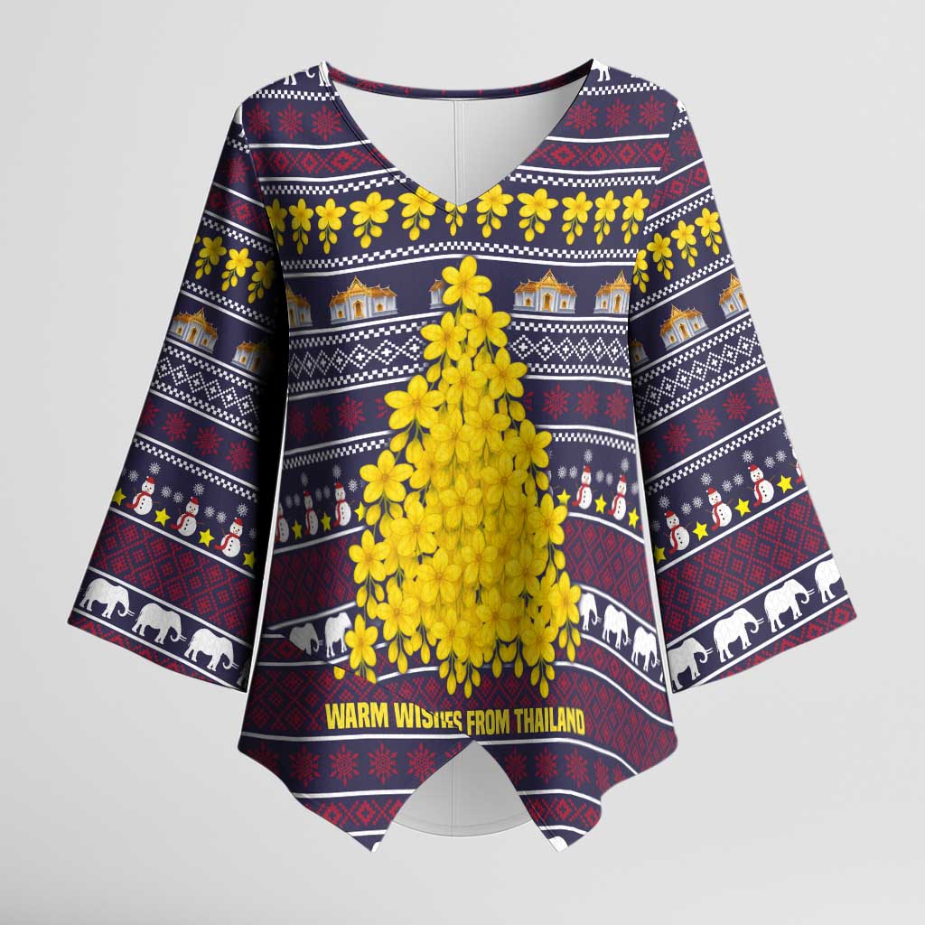 Thailand Christmas Kimono Sleeve Blouse with Yellow Flower Tree Garuda Emblem and Elephant Holiday - Wonder Print Shop
