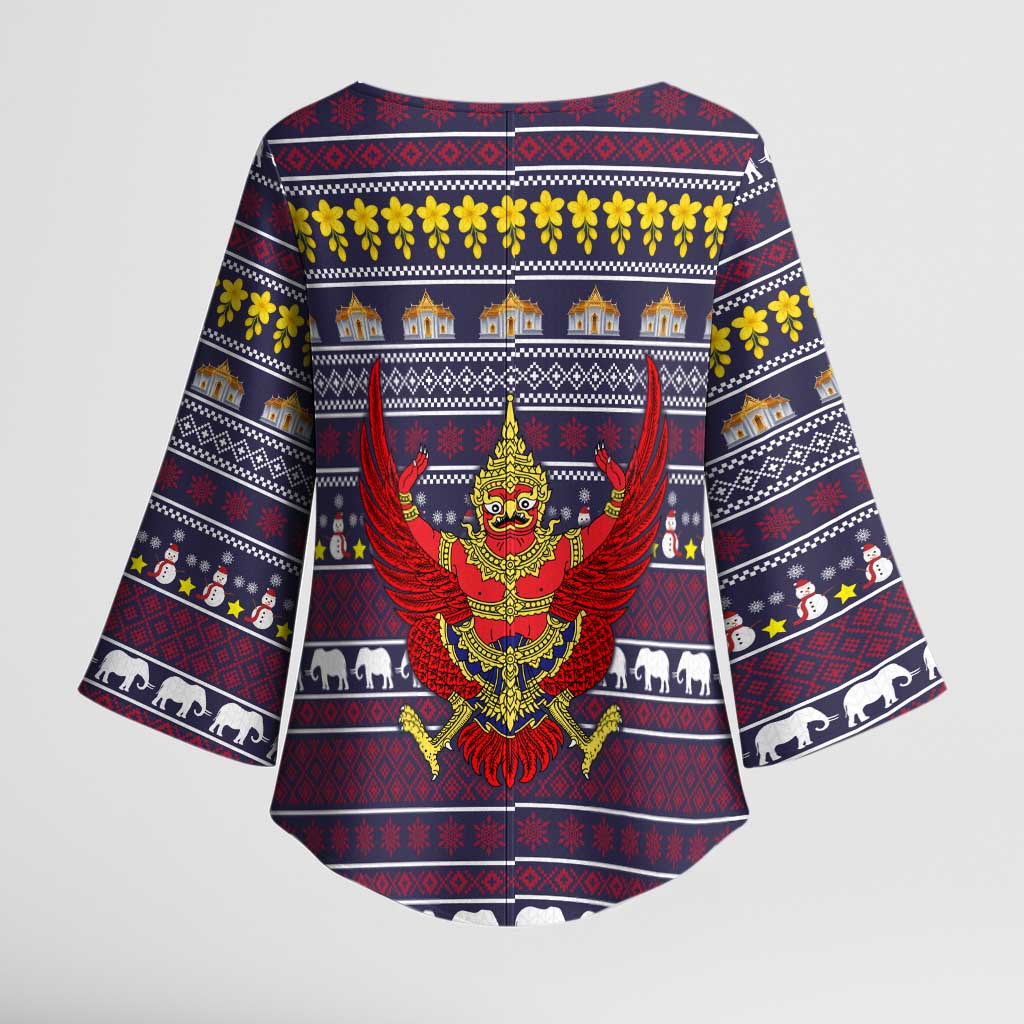 Thailand Christmas Kimono Sleeve Blouse with Yellow Flower Tree Garuda Emblem and Elephant Holiday - Wonder Print Shop