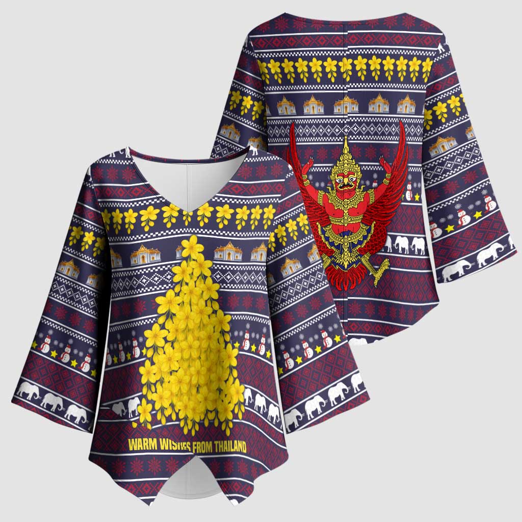 Thailand Christmas Kimono Sleeve Blouse with Yellow Flower Tree Garuda Emblem and Elephant Holiday - Wonder Print Shop