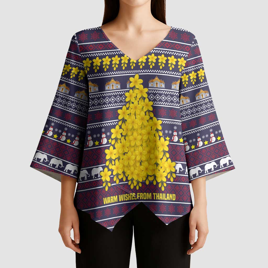 Thailand Christmas Kimono Sleeve Blouse with Yellow Flower Tree Garuda Emblem and Elephant Holiday - Wonder Print Shop