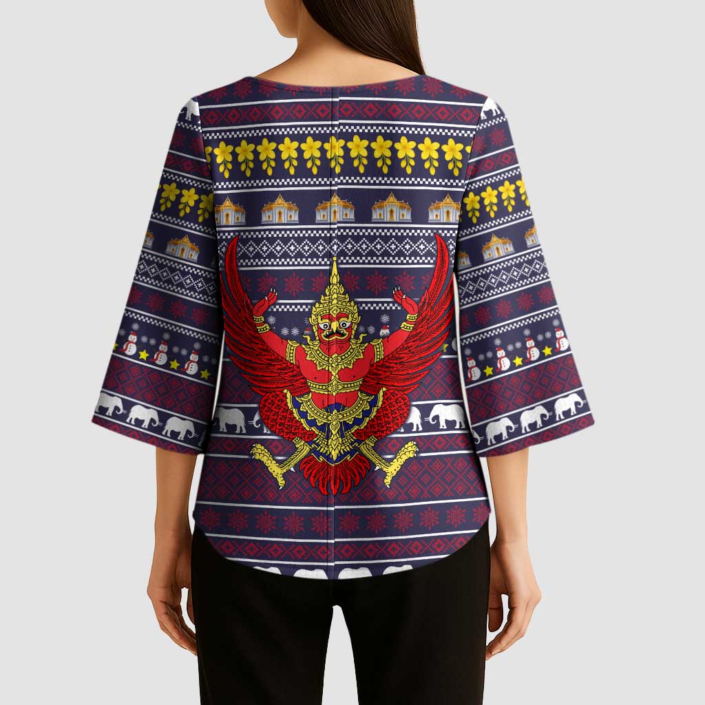 Thailand Christmas Kimono Sleeve Blouse with Yellow Flower Tree Garuda Emblem and Elephant Holiday - Wonder Print Shop