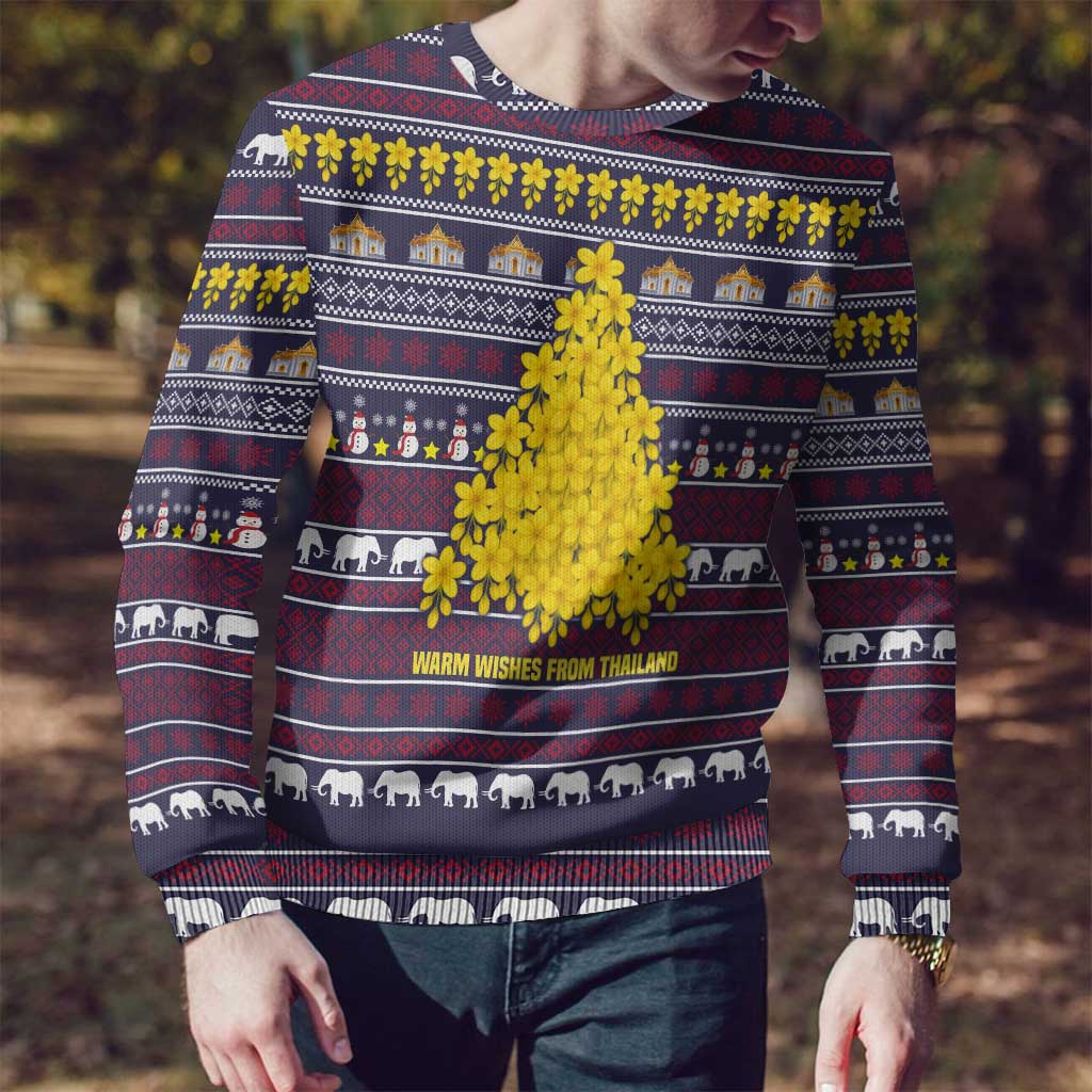 Thailand Christmas Ugly Christmas Sweater with Yellow Flower Tree Garuda Emblem and Elephant Holiday - Wonder Print Shop
