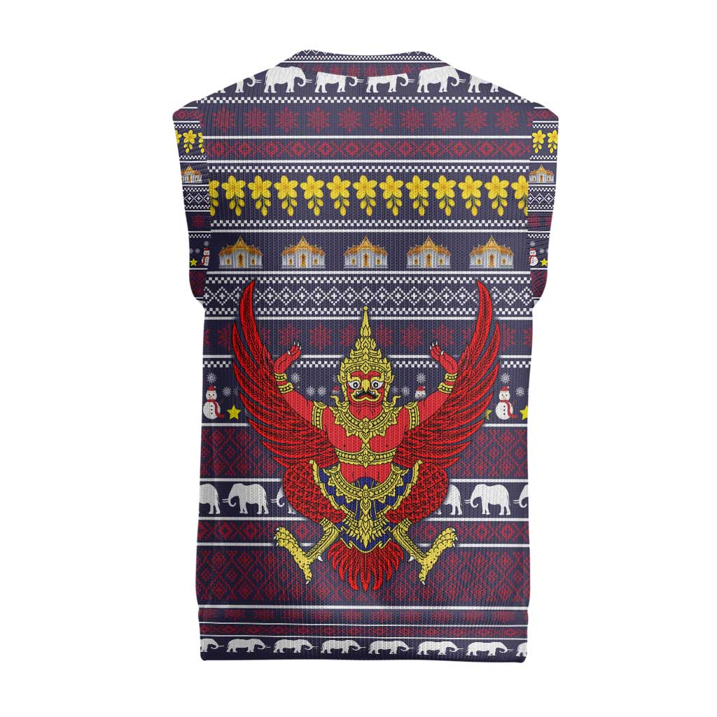 Thailand Christmas Knitted V-Neck Vest with Yellow Flower Tree Garuda Emblem and Elephant Holiday - Wonder Print Shop