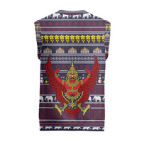 Thailand Christmas Knitted V-Neck Vest with Yellow Flower Tree Garuda Emblem and Elephant Holiday - Wonder Print Shop