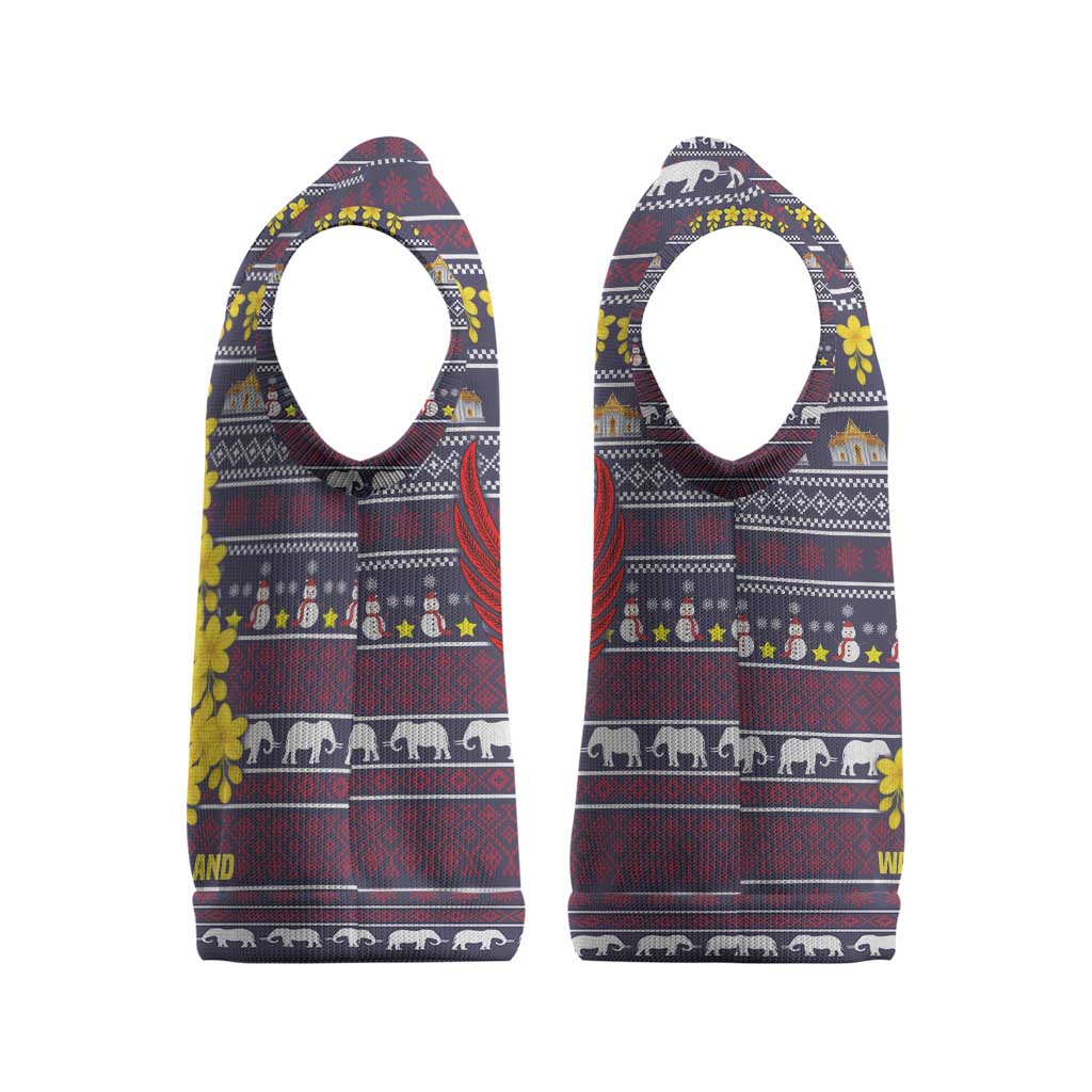 Thailand Christmas Knitted V-Neck Vest with Yellow Flower Tree Garuda Emblem and Elephant Holiday - Wonder Print Shop
