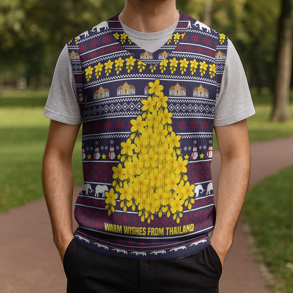 Thailand Christmas Knitted V-Neck Vest with Yellow Flower Tree Garuda Emblem and Elephant Holiday - Wonder Print Shop