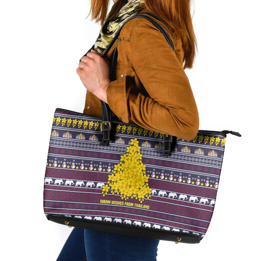 Thailand Christmas Leather Tote Bag with Yellow Flower Tree Garuda Emblem and Elephant Holiday - Wonder Print Shop
