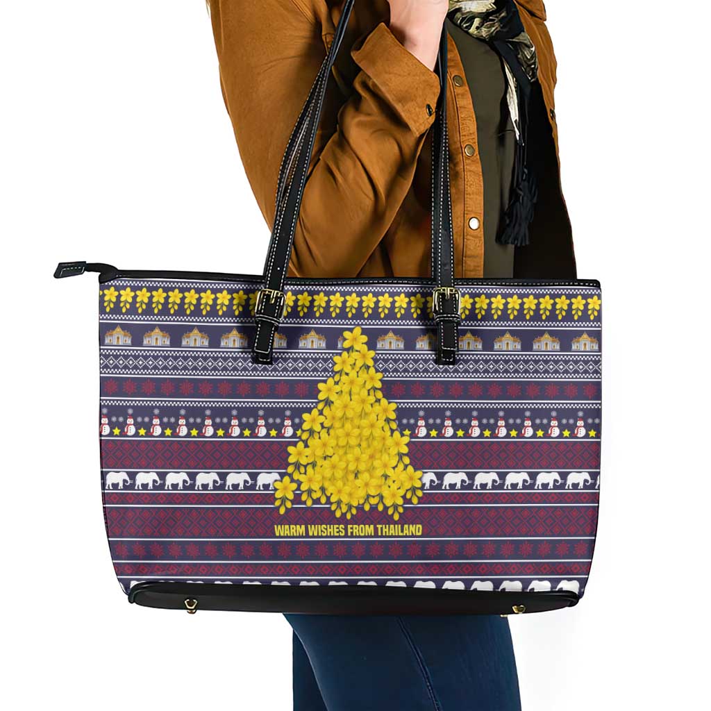 Thailand Christmas Leather Tote Bag with Yellow Flower Tree Garuda Emblem and Elephant Holiday - Wonder Print Shop