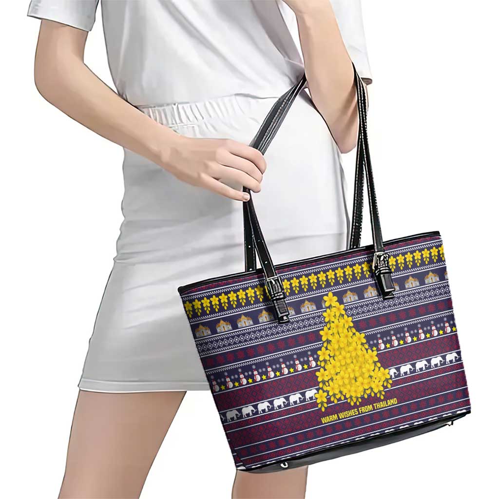 Thailand Christmas Leather Tote Bag with Yellow Flower Tree Garuda Emblem and Elephant Holiday - Wonder Print Shop