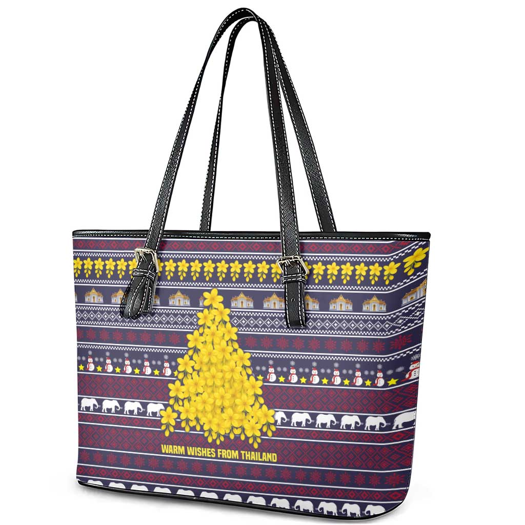 Thailand Christmas Leather Tote Bag with Yellow Flower Tree Garuda Emblem and Elephant Holiday - Wonder Print Shop