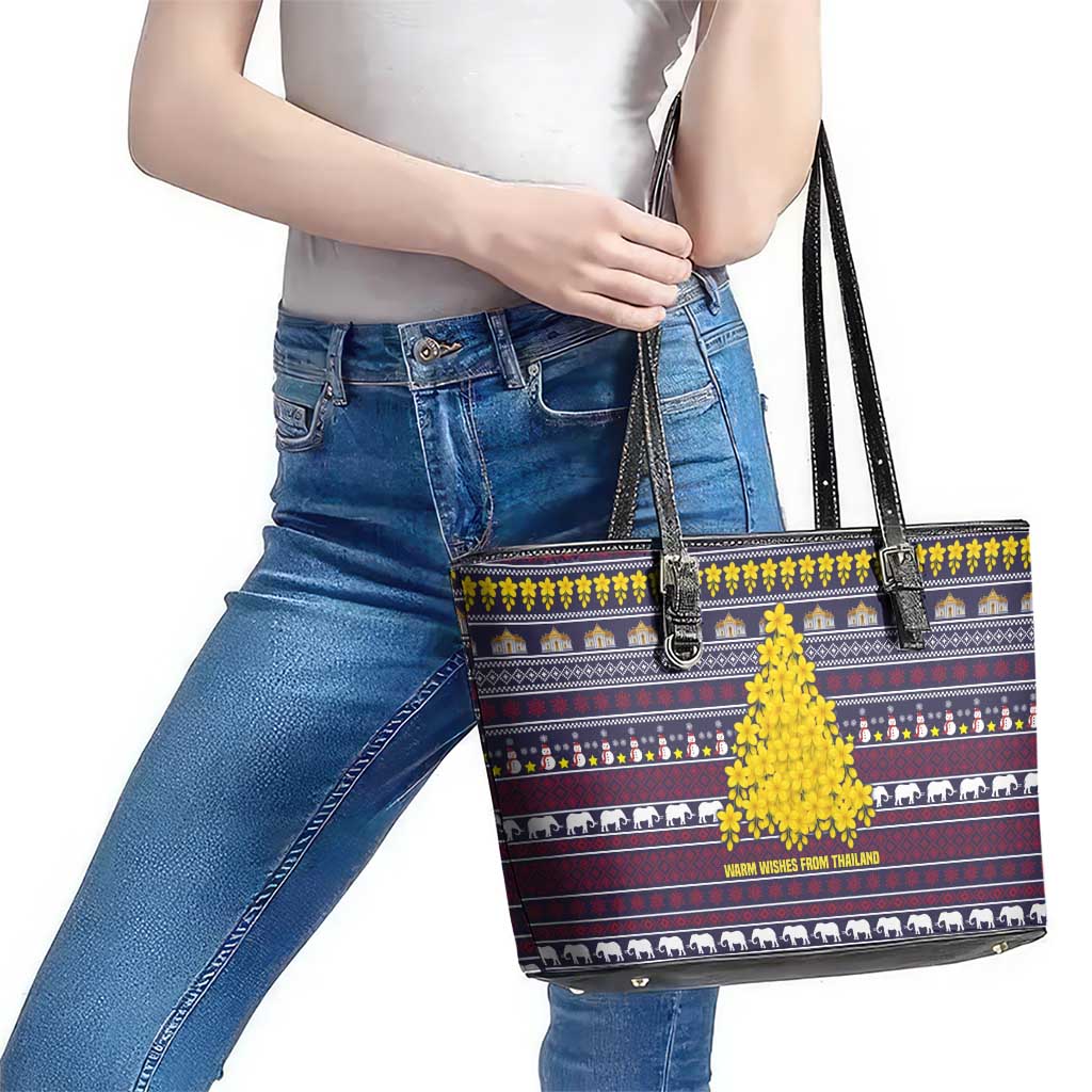Thailand Christmas Leather Tote Bag with Yellow Flower Tree Garuda Emblem and Elephant Holiday - Wonder Print Shop