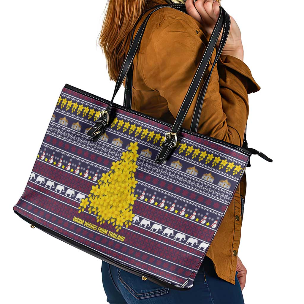 Thailand Christmas Leather Tote Bag with Yellow Flower Tree Garuda Emblem and Elephant Holiday - Wonder Print Shop