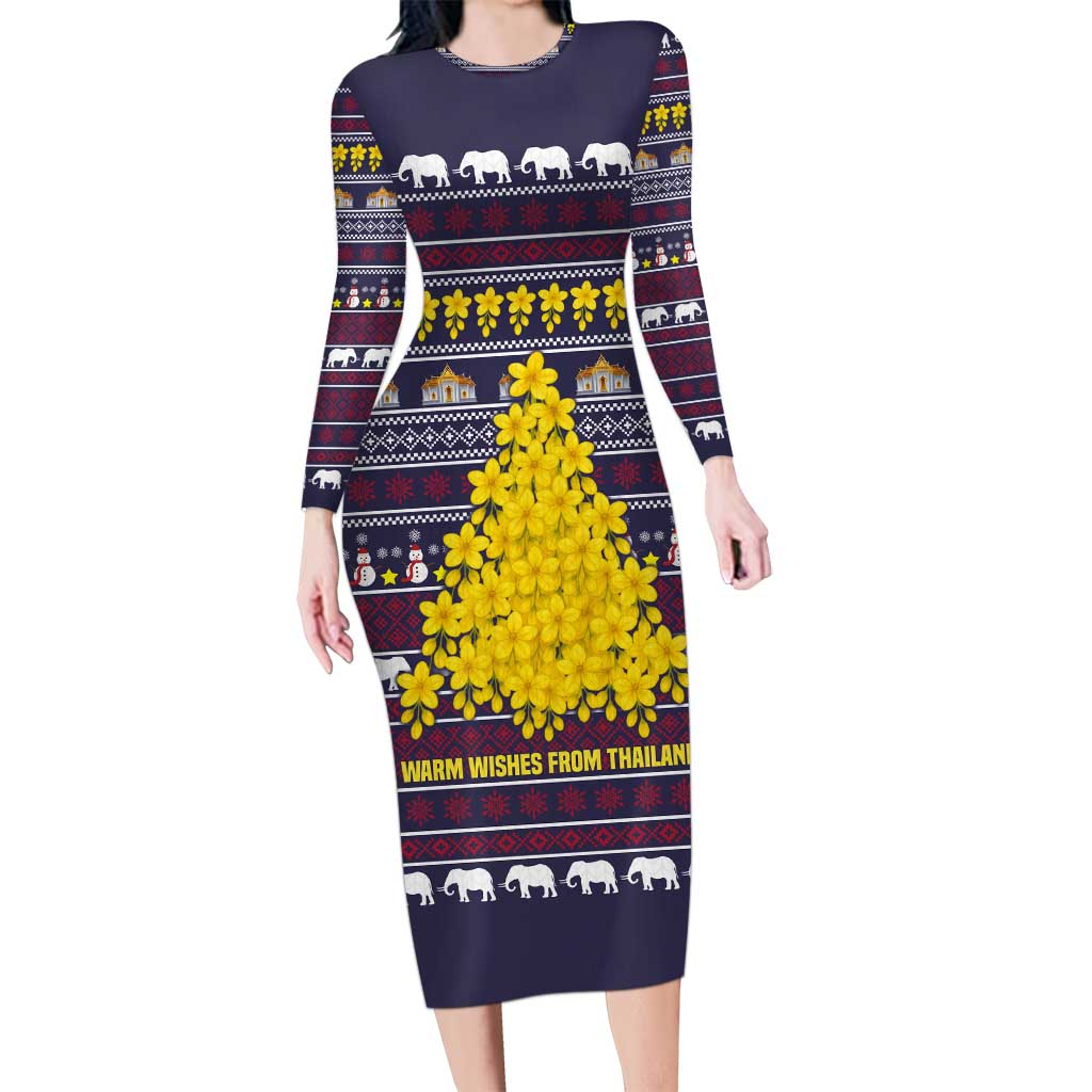 Thailand Christmas Long Sleeve Bodycon Dress with Yellow Flower Tree Garuda Emblem and Elephant Holiday - Wonder Print Shop