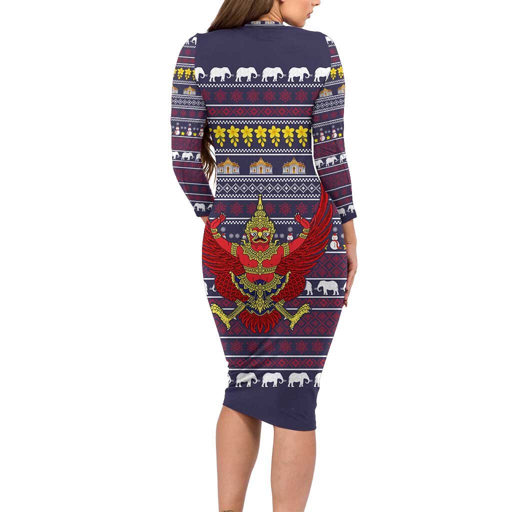 Thailand Christmas Long Sleeve Bodycon Dress with Yellow Flower Tree Garuda Emblem and Elephant Holiday - Wonder Print Shop