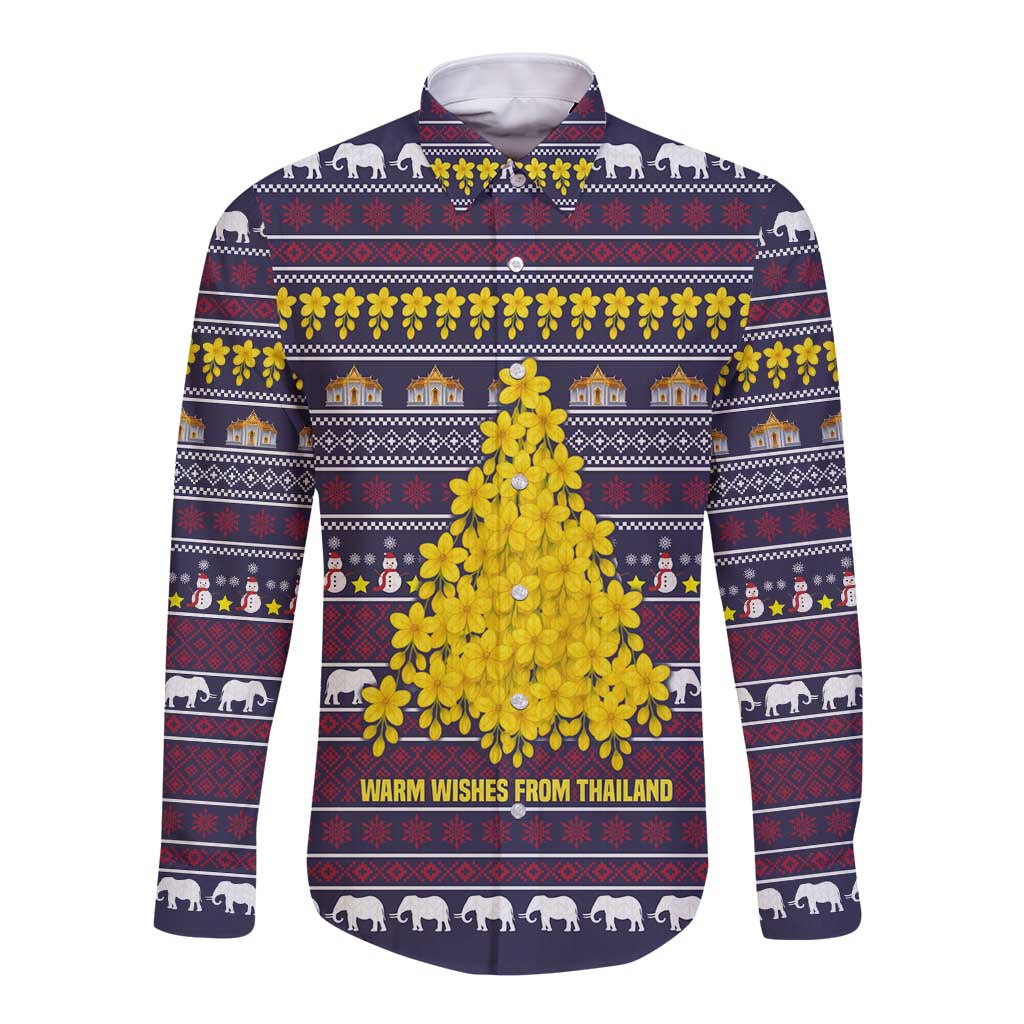 Thailand Christmas Long Sleeve Button Shirt with Yellow Flower Tree Garuda Emblem and Elephant Holiday - Wonder Print Shop