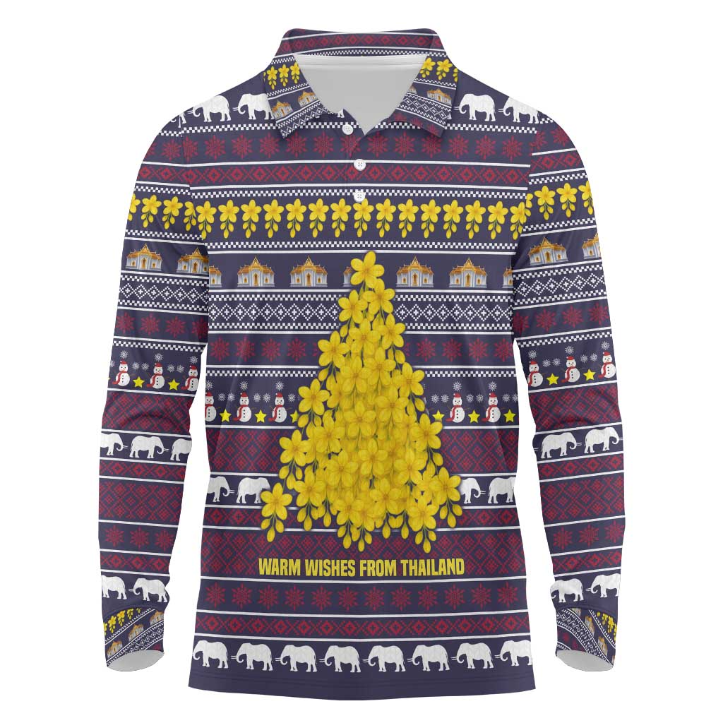 Thailand Christmas Long Sleeve Polo Shirt with Yellow Flower Tree Garuda Emblem and Elephant Holiday - Wonder Print Shop