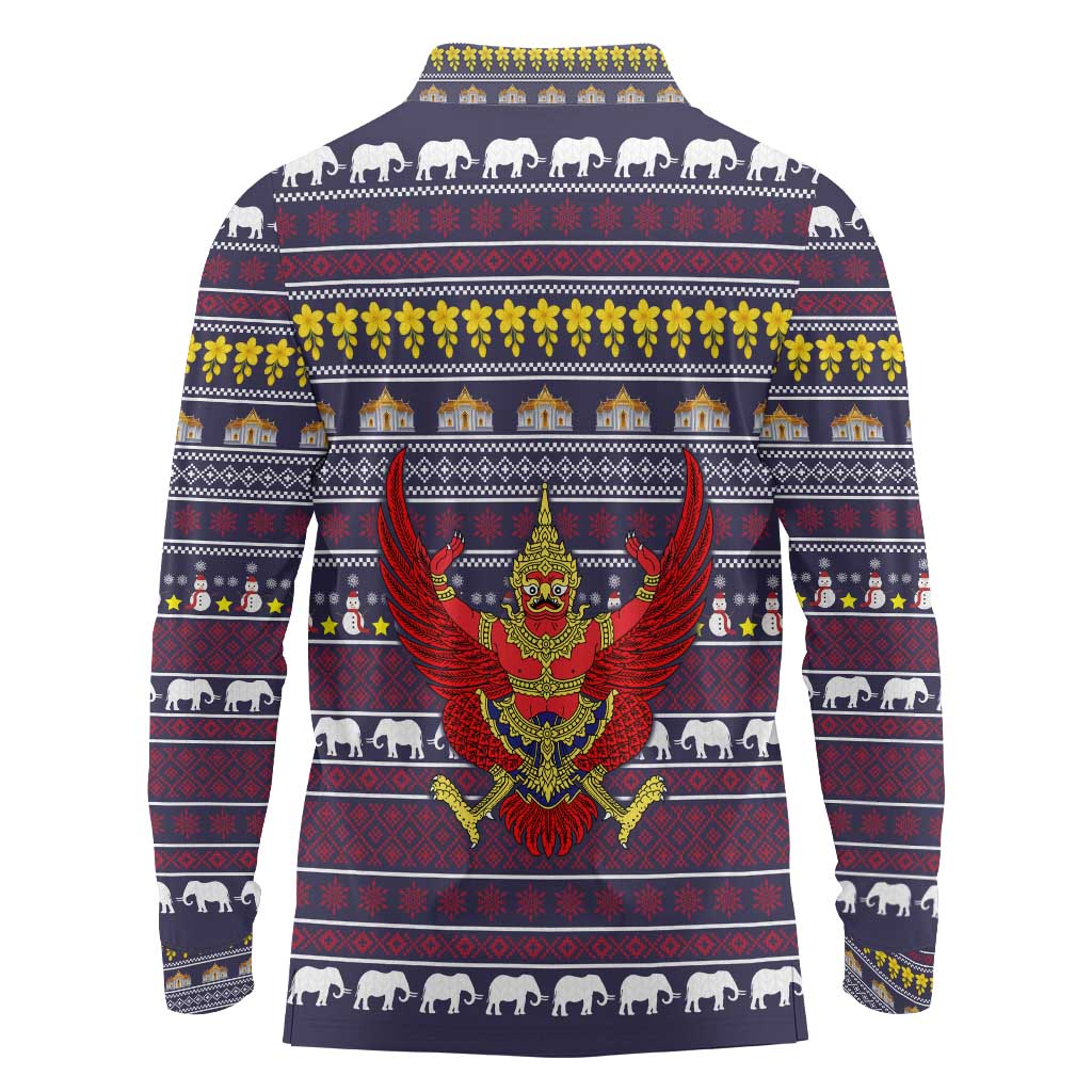 Thailand Christmas Long Sleeve Polo Shirt with Yellow Flower Tree Garuda Emblem and Elephant Holiday - Wonder Print Shop