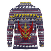 Thailand Christmas Long Sleeve Polo Shirt with Yellow Flower Tree Garuda Emblem and Elephant Holiday - Wonder Print Shop