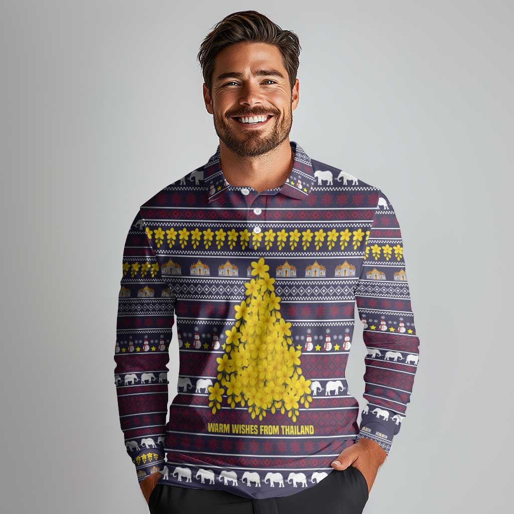 Thailand Christmas Long Sleeve Polo Shirt with Yellow Flower Tree Garuda Emblem and Elephant Holiday - Wonder Print Shop