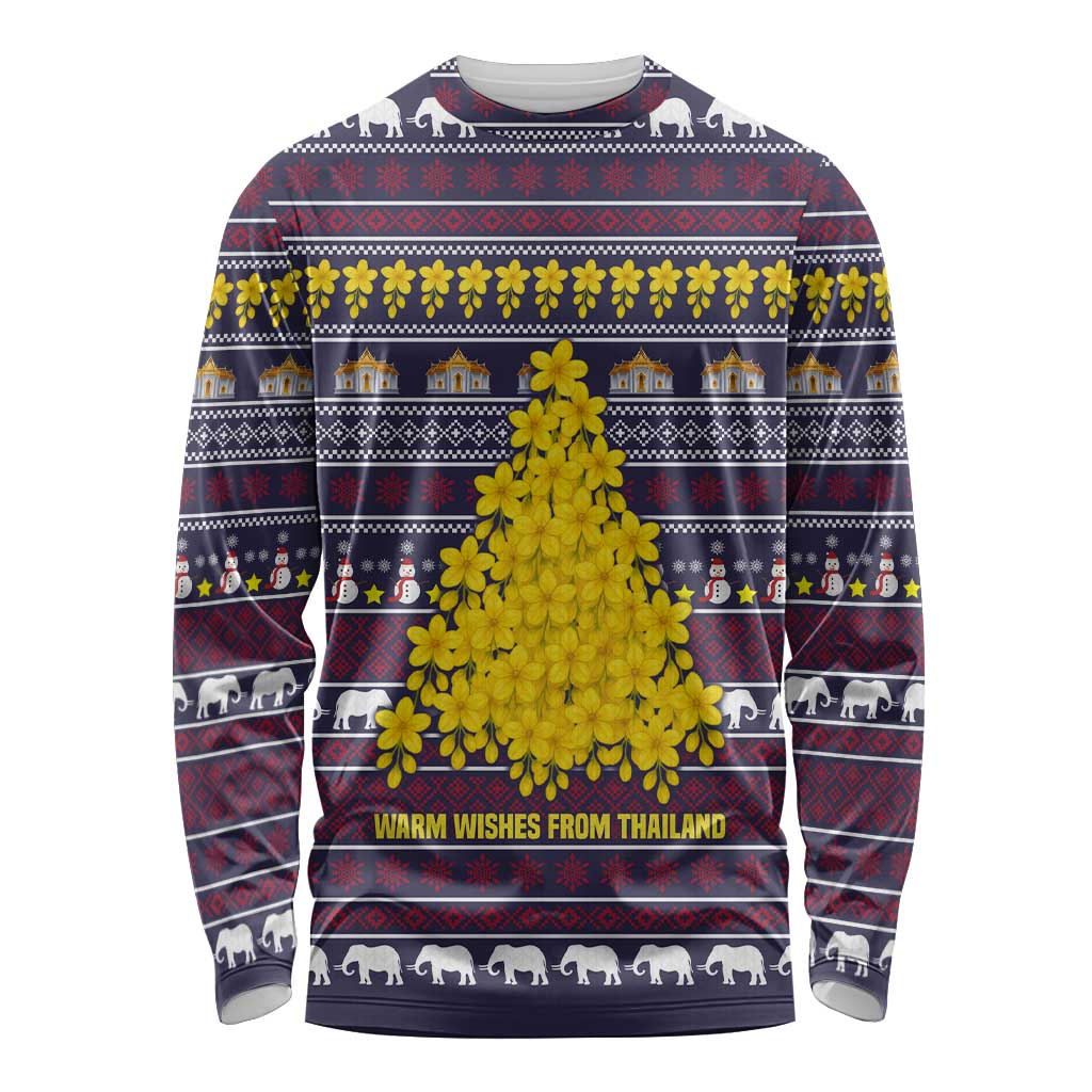 Thailand Christmas Long Sleeve Shirt with Yellow Flower Tree Garuda Emblem and Elephant Holiday - Wonder Print Shop