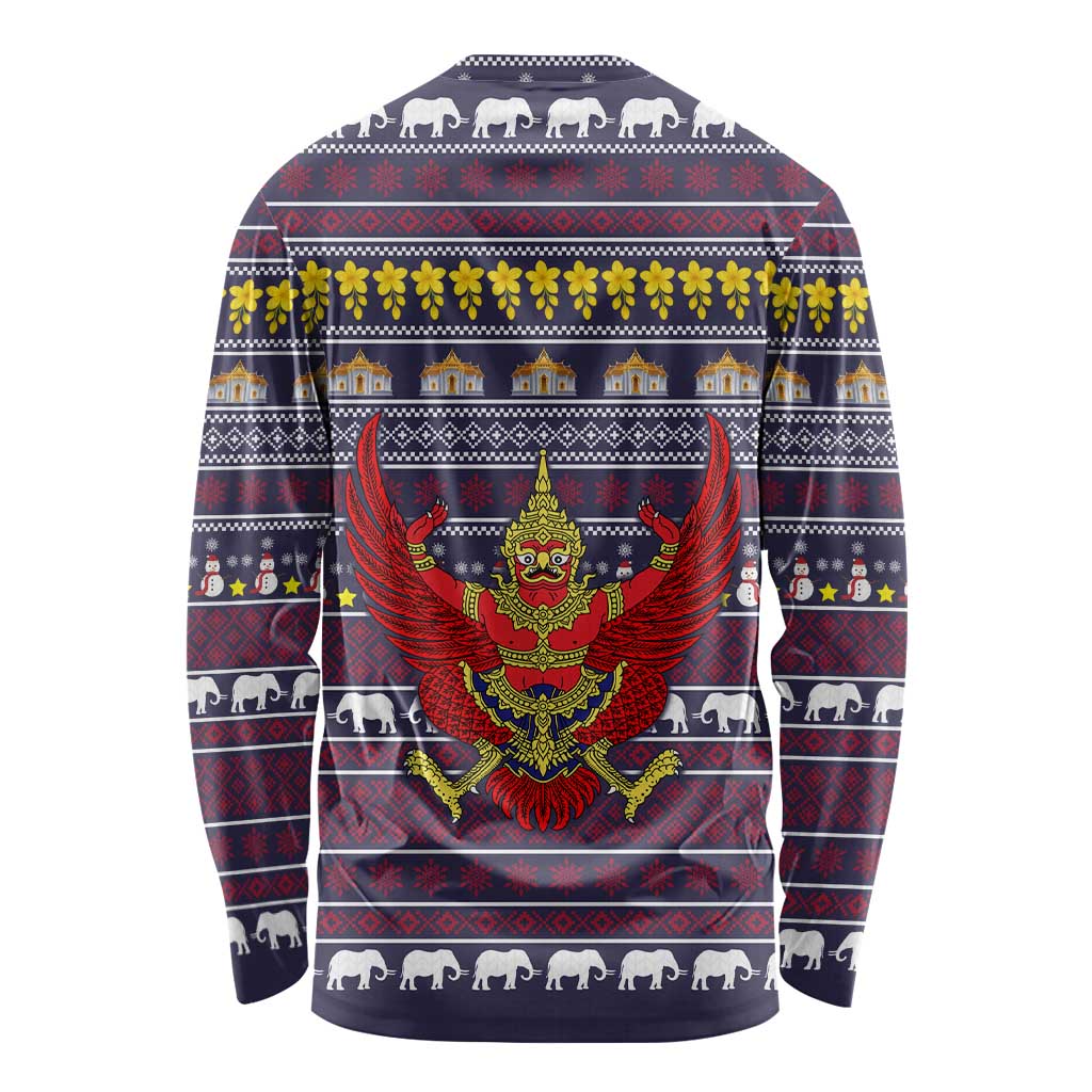 Thailand Christmas Long Sleeve Shirt with Yellow Flower Tree Garuda Emblem and Elephant Holiday - Wonder Print Shop