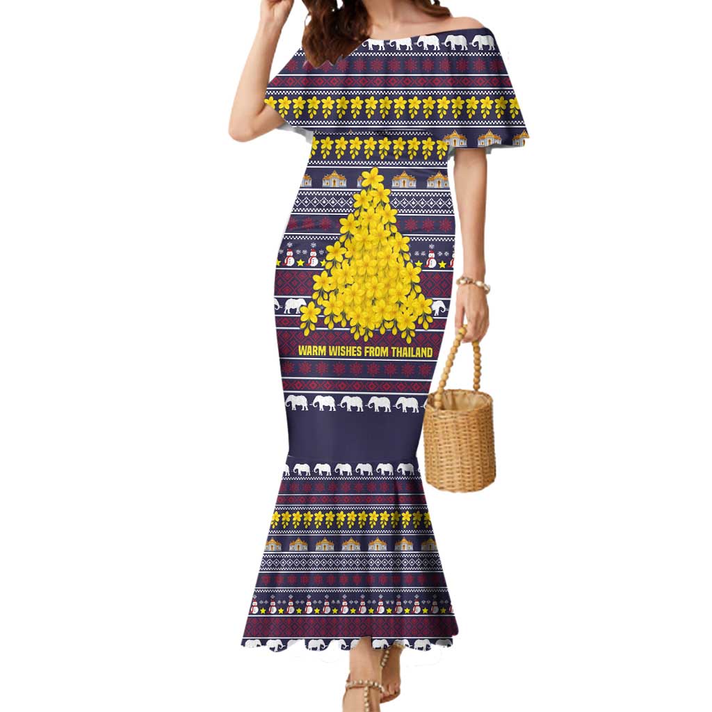 Thailand Christmas Mermaid Dress with Yellow Flower Tree Garuda Emblem and Elephant Holiday - Wonder Print Shop